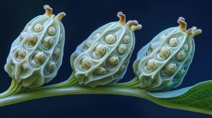 Poster - Unique macro view of intricate seedpods from Asclepias tuberosa showcasing botanical detail and natural textures against a soft gradient background.