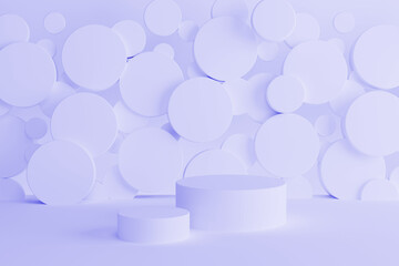 Poster - Two light purple round podiums on abstract stage mockup, soft flying circles decor. Template 3D illustration urban scene for presentation cosmetic products, goods, branding, sale, display, design.