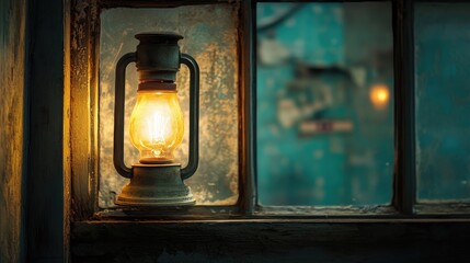 Poster - Rustic vintage lamp glowing by an old window showcasing timeless charm and historical ambiance
