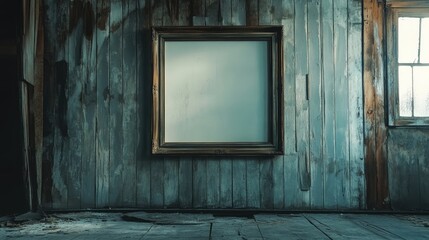 Aufkleber - Rustic vintage wooden picture frame against a weathered wall in an empty room with natural light highlighting its elegant simplicity.
