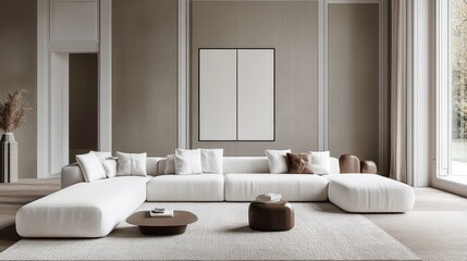 Poster - Modern Scandinavian Living Room with White Sofa and Decorative Cushions in Elegant Neutral Tones and Natural Light