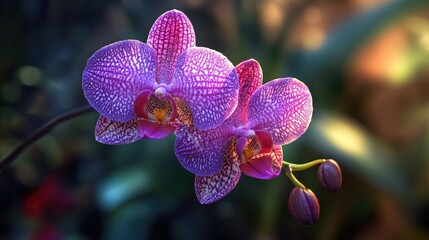 Poster - Vibrant Purple Orchid Blooming in a Garden Setting with Soft Natural Light