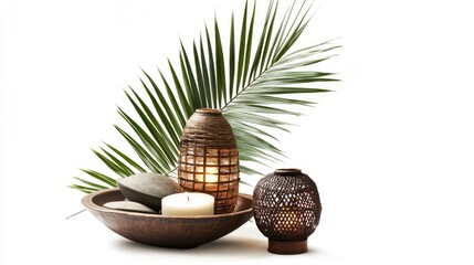 Poster - Vintage decor with lamp candle and stones on bowl alongside palm leaf isolated on clean white background