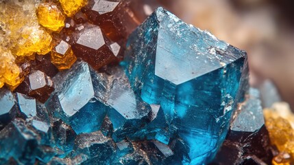 Poster - Close up of a stunning natural mineral showcasing vibrant blue, brown, and yellow hues with intricate textural details and reflections.