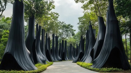 Poster - Rubber trees in a tranquil forest setting showcasing their unique shapes and natural beauty in a lush green environment.