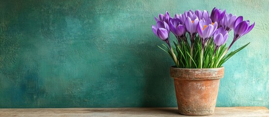 Poster - Vibrant crocus flowers in a rustic pot on wooden table against a green wall ideal for spring home decor and nature-themed designs