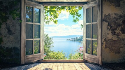 Aufkleber - Vintage window overlooking a serene landscape with vibrant nature and a tranquil sea view under a bright blue sky.