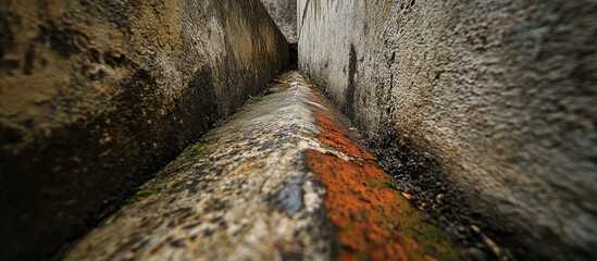 Poster - Abstract perspective of converging walls in a narrow space showcasing textures and colors for unique background design inspiration