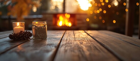 Aufkleber - Cozy wooden tabletop with candles and rustic decor illuminated by a warm fireplace creating a welcoming atmosphere for gatherings