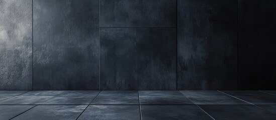 Poster - Abstract dark gray concrete wall and floor panorama with industrial tile texture and ample empty space for text or graphic elements