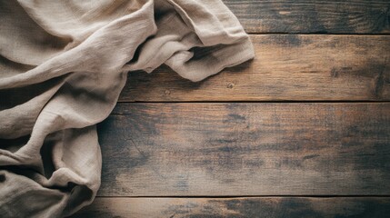 Aufkleber - Neutral vintage linen draped on rustic wooden surface creating a cozy atmospheric backdrop for various design projects