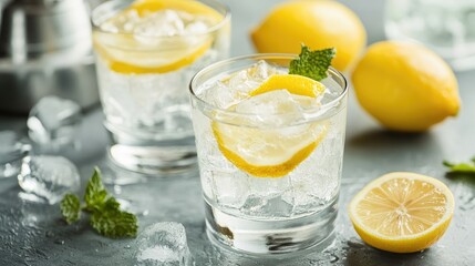 Poster - Refreshing Vodka Cocktail with Lemon Slices Ice Mint Garnish and Fresh Lemons on Gray Stone Surface