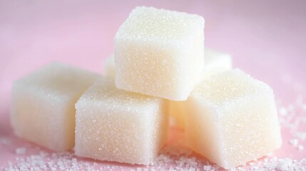 Poster - Sugar cubes stacked on a pastel pink background showcasing a minimalist and sweet aesthetic for culinary or lifestyle themes.