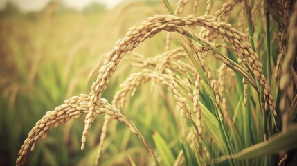 Poster - golden rice grains swaying in a vintage toned rice field under soft natural light