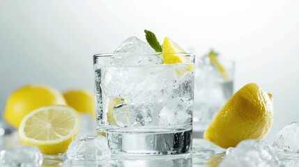 Aufkleber - Refreshing vodka on the rocks served with ice and lemon slices garnished with mint on a light background for cocktail enthusiasts