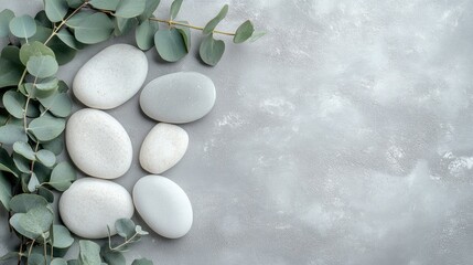 Aufkleber - Serene gray background with white stones and eucalyptus leaves for a tranquil and calming aesthetic in wellness and relaxation concepts