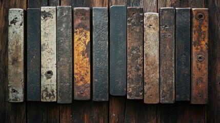 Aufkleber - Vintage metal type printing blocks arranged on a weathered wooden surface showcasing texture and character in a nostalgic composition