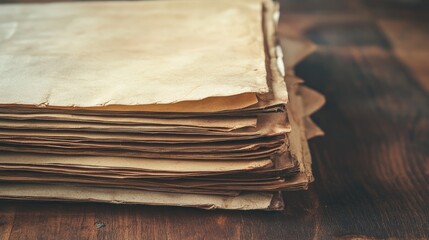 Aufkleber - Stack of aged vintage paper sheets on wooden surface for design and crafting backgrounds