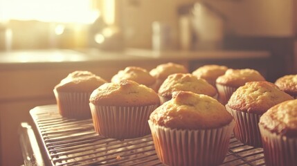 Poster - Fresh baked homemade muffins cooling on a wire rack in a sunlit kitchen setting. Warm and inviting atmosphere for food enthusiasts.