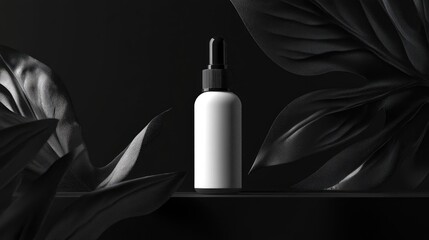 Aufkleber - Minimalist Skincare Bottle Mockup Surrounded by Dark Leaves on Black Background for Elegant Cosmetic Branding