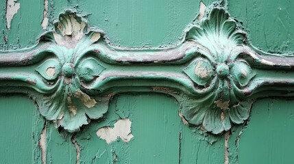 Poster - Vintage green-painted cement texture with ornate relief detailing and weathered cracks and chips over time.