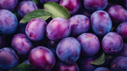 Aufkleber - Freshly harvested violet plums with green leaves arranged closely together in natural light showcasing their rich color and texture.