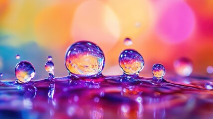 Aufkleber - Vibrant Colorful Water Droplets on Reflective Surface with Soft Bokeh Background
