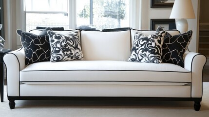 Poster - Elegant White Sofa with Black Trim and Decorative Pillows in Stylish Open Living Space