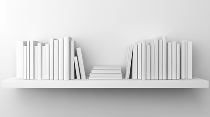 Poster - Minimalist White Bookshelf with Stacked and Standing Books for Mockup Display