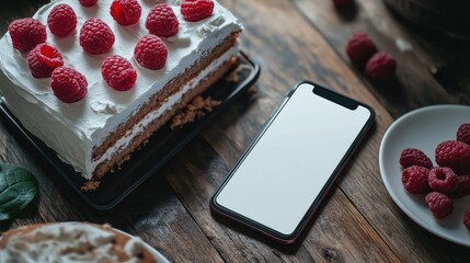 Poster - White smartphone next to a raspberry topped cake on rustic wooden table with fresh raspberries scattered around in stylish flat lay composition