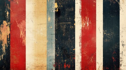 Poster - Weathered vintage striped background with worn textures in red, blue, and beige hues for retro design projects and artistic concepts.