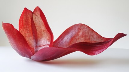 Poster - Red tulip petal sculpture showcasing delicate textures and graceful curves on a minimalist background