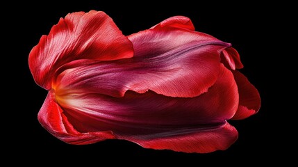 Poster - Macro shot of vibrant red tulip petals with intricate details against a black background showcasing natural beauty and elegance.