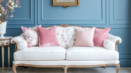 Poster - Elegant white sofa adorned with pink cushions set against a stylish blue wall interior in a chic living space design.