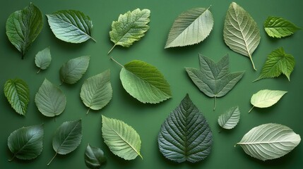 Poster - Diverse Green Leaf Shapes Displayed on Green Background for Nature and Botany Themes