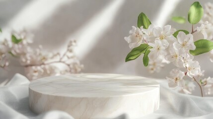 Aufkleber - White marble podium surrounded by delicate blossoms on soft grey fabric in serene floral setting
