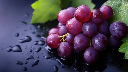 Aufkleber - Fresh and Vibrant Violet Grapes with Water Droplets on Dark Background Healthy Eating Concept