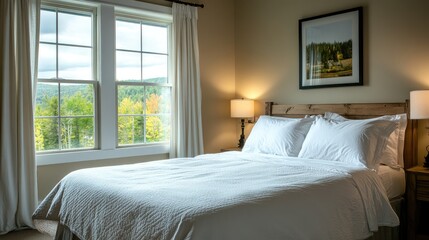 Aufkleber - Cozy bedroom interior with white sheets and duvet on double bed featuring natural light and serene decor elements