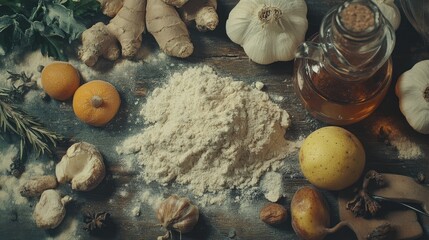 Aufkleber - Natural ingredients rich in dietary fiber and minerals showcasing a healthy lifestyle with fresh produce and herbal elements on rustic wood.