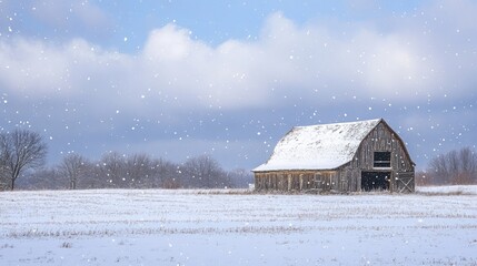 Poster - Snow-covered fields with a rustic barn under a winter sky, showcasing serene beauty and the tranquility of a snowy landscape.