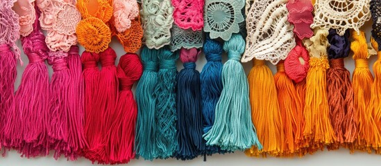 Poster - Colorful decorative tassels and intricate laces for home decor and craft projects showcasing vibrant textures and designs for creative enhancement