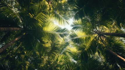 Wall Mural - canopy of lush tropical palm trees capturing sunlight from below in a serene natural environment.