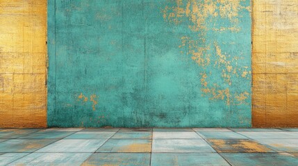 Poster - Turquoise and Gold Textured Wall with Floor for Modern Interior Design Background Decor