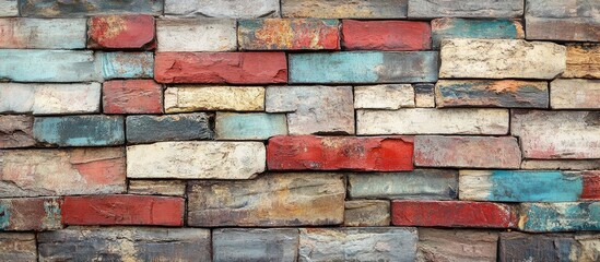 Aufkleber - Weathered multicolored brick wall with rustic textures ideal for backgrounds or architectural design projects.