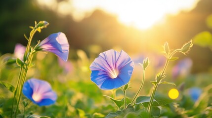 Aufkleber - Morning Glory Flowers Blooming in Bright Sunrise Light Over a Lush Green Field