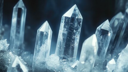 Poster - Rock crystal mineral formation showcasing sharp, transparent crystals with reflective surfaces against a dark background highlighting their natural beauty.