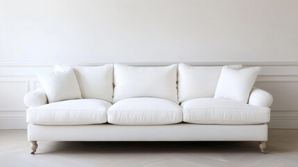 Aufkleber - Modern white sofa adorned with plush cushions set against a minimalist white wall for a serene interior design style.