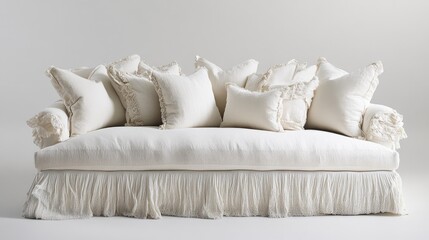 Poster - Elegant white sofa with an abundance of decorative pillows showcasing luxury and comfort in a minimalist setting.