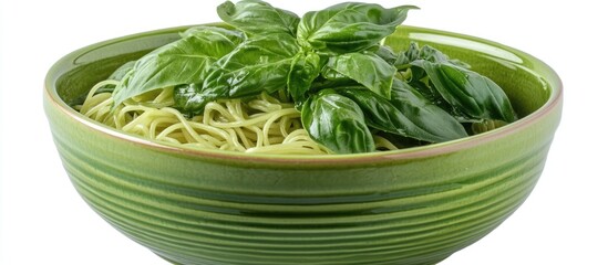 Poster - Basil leaves atop spaghetti in a vibrant green bowl showcasing fresh and appetizing culinary presentation for indoor dining styles