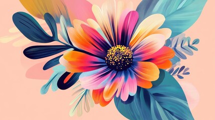 Poster - Colorful abstract flower illustration with artistic leafy elements and vibrant shades on a light background